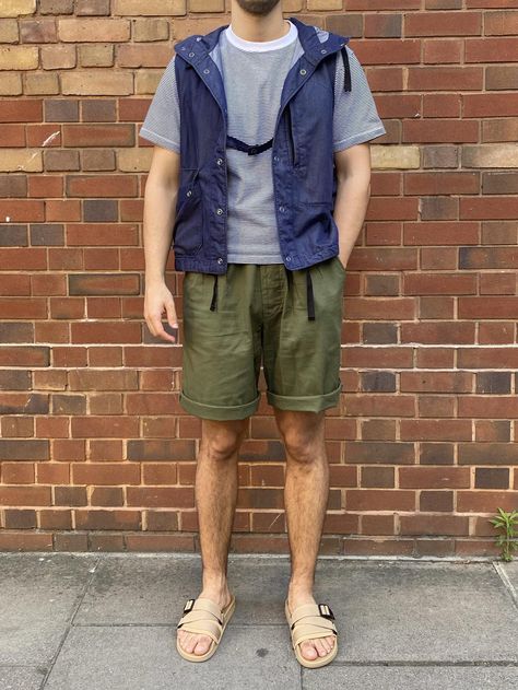 Engineered Garments / Danton / Kaptain Sunshine / Gramicci Gramicci Shorts, Men's Street Style Photography, Japanese Streetwear, Style Photography, Engineered Garments, Mens Street Style, Mens Sandals, Patterned Shorts, Cargo Shorts