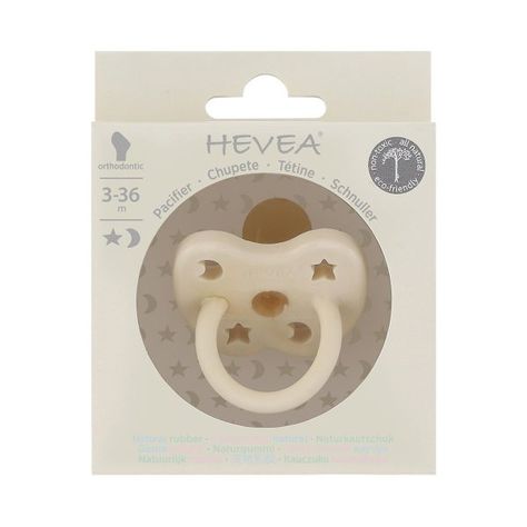 hevea-star-moon-pacifier-natural-box Hevea Brasiliensis, Orthodontic Pacifier, Rubber Pacifier, Rubber Tree, Mineral Pigments, Baby Pacifier, Baby Teeth, Butterfly Shape, Milky White