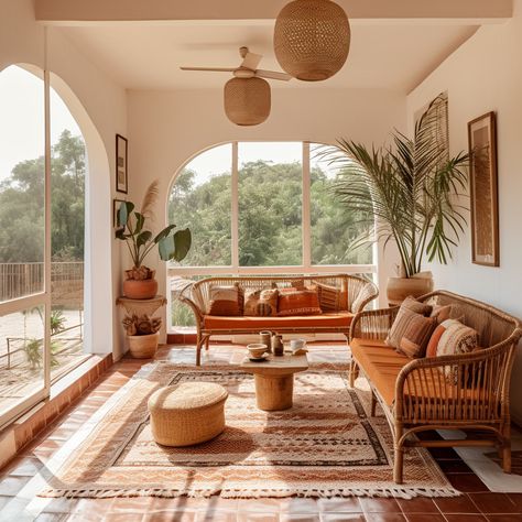 Spanish Style Boho Home, Coastal Spanish Decor, Spanish Bohemian Decor, Desert Mediterranean Home, Boho Spanish Decor, Modern Hacienda Living Room, Cuban Decor Interior Design, Desert Inspired Living Room, Desert Sunroom