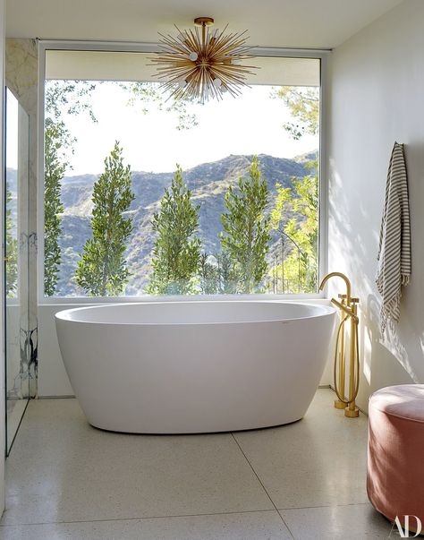 The master bath. Stone Tub, 1950s House, Mandy Moore, Trendy Bathroom, Celebrity Houses, Bath Tub, Free Standing Tub, Free Standing Bath Tub, Architectural Digest