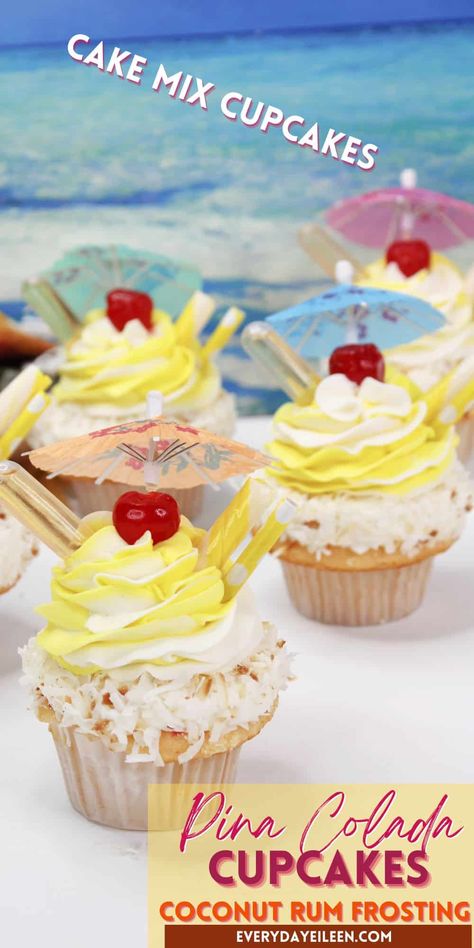 Pineapple Coconut Cupcakes, Rum Frosting, Alcoholic Cupcakes, Pina Colada Rum, Easy Pineapple Cake, Pina Colada Cupcakes, The Best Cupcakes, Cake Mix Cupcakes, Box Cake Recipes