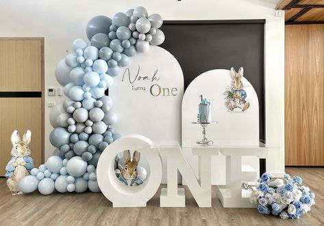 Dusty Blue Balloon Arch, Peter Rabbit Balloon Arch, 1 Year Baby Boy Birthday Decoration, Christening Decorations Boy, Rabbit Themed Birthday Party, Peter Rabbit Balloons, Baby Boy Birthday Decoration, Peter Rabbit Theme Party, 1st Birthday Decorations Boy