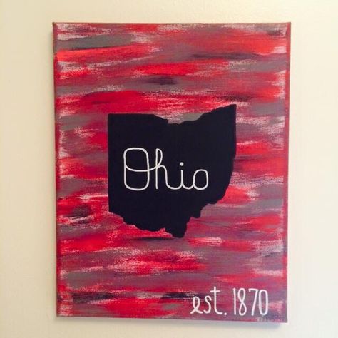 Script Ohio est. 1870  DIY Ohio State University Canvas #GoBucks #OhioStateDIY #Buckeyenation Ohio State Painting, Osu Crafts Diy Ohio State Buckeyes, Ohio State Canvas Painting, Ohio State Bedroom, Ohio State Wooden Signs, Ohio State Diy, Buckeyes Crafts, Ohio State Art, Ohio State Wall Decor