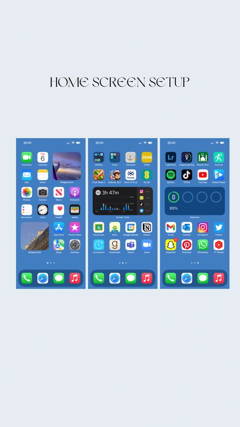 Iphone 12 Home Screen Ideas, Iphone Setup Homescreen Ideas, Iphone Home Screen Layout Organized, Organisation Iphone Apps, Organize Apps On Iphone, Homescreen Setup, Ios14 Homescreen, Phone Apps Iphone, Organize Phone Apps