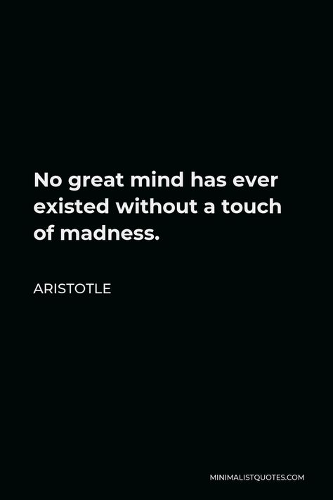 Aristotle Quote: No great mind has ever existed without a touch of madness. Quotes About Madness, Quotes Madness, Madness Quotes, Ace Quote, Stoic Wisdom, Mad Quotes, Personal Philosophy, Aristotle Quotes, Typographic Quote