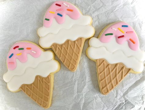 Ice Cream Cone Royal Icing Cookies, Royal Icing Ice Cream Cone Cookies, Decorated Ice Cream Cookies, Ice Cream Shaped Cookies, Ice Cream Royal Icing Cookies, Ice Cream Cone Sugar Cookies, Ice Cream Sugar Cookies Decorated, Ice Cream Party Cookies, Popsicle Sugar Cookies