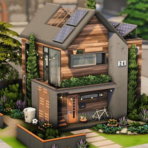 Eco Living House, Eco House Exterior, Sims 4 Eco House, Sims 4 Small House, Sims 4 Exterior, Desert Luxe, Sims4 Ideas, Sims 4 Modern House, Snowy Escape