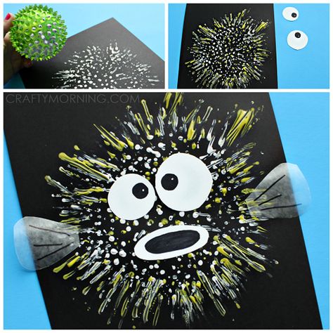 We made a pufferfish/blowfish craft for an ocean theme using a bouncy ball! Start by dipping the bouncy ball in white paint and have the kids make dots in a circle on a black sheet of paper. Then around the edges do outward strokes so it looks like the pufferfish’s spikes. Add some yellow paint to make it colorful! Puffer Fish Craft, Pufferfish Craft, Puffer Fish Art, Fish Crafts Preschool, Ocean Themed Art, First Grade Crafts, Ocean Animal Crafts, Ocean Theme Preschool, Crafty Morning