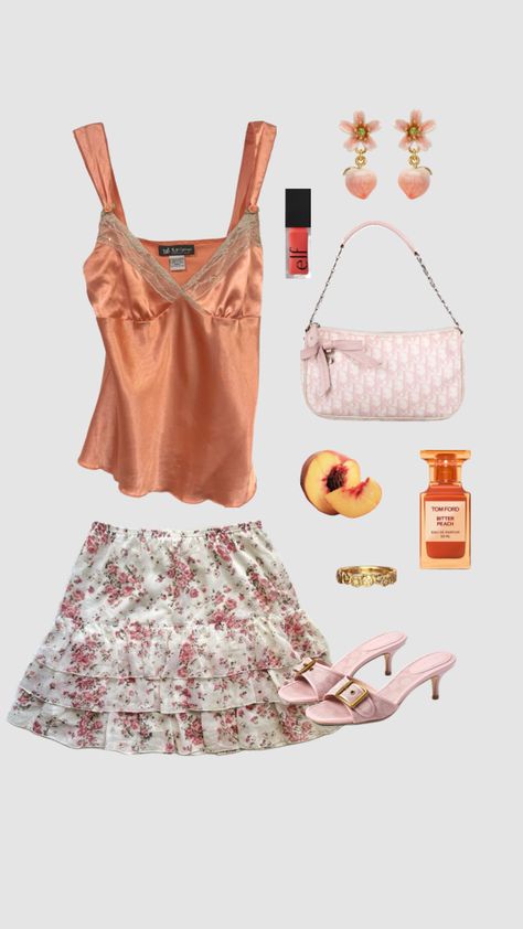 outfit inspired by peaches 🍑 #outfit #outfitideas #outfitaesthetic #peaches #beauty #vibes #silklacecami #vintage #floralminiskirt #dior #coach #goldjewelry #pink #coral #coquette #spring #summer Night Out Outfits For Women, Outfit Inspo Collage, Fruit Outfit, Coquette Spring, Tinted Lip Oil, Pink Quartz, Lip Oil, Jojoba Oil, Peaches