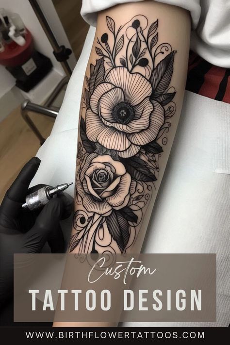 🌸✨Poppy and Rose Flower Tattoo | August & June Birth Flower Neo-Traditional Design✨🌹 Floral Tattoo Sleeves For Women, Poppy Tattoo Sleeve, Black Poppy Tattoo, Poppy Tattoo Ideas, June Birth Flower Tattoo, Rose Flower Tattoo, Poppy Tattoo, June Birth Flower, Rose Flower Tattoos