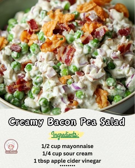 Lura's Recipes | This Creamy Bacon Pea Salad is a refreshing and flavorful side dish that’s perfect for any gathering | Facebook Creamy Bacon Pea Pecan Salad 12 Tomatoes, Pea Salad Recipes Easy, Cold Pea Salad, Bacon Pea Salad, Pea Salad With Bacon, Bacon Egg Salad, Pea Salad Recipes, Creamy Peas, Pecan Salad