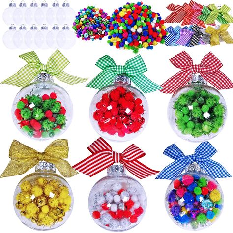 PRICES MAY VARY. Quantity: Christmas Bulb Ornament Balls Clear Plastic Glass Ball Craft Kit includes 12 pcs Clear Plastic Christmas Ornaments Balls, 216 pcs Jingle Bells in 2 styles & 9 colors, 480 pcs Pom-poms, 200 pcs Metallic Pom-poms, 12 pcs Bows in 12 colors. Size: Each Christmas Bauble measures appr. 3.2" in diameter, big enough to stand out, yet small enough to not look gaudy. Jingle Bells are available in 3 sizes, 0.3" (8mm), 0.4" (12mm), 0.5" (15mm). Pom-poms are 0.3" (10mm) in diameter Ball Craft, Clear Christmas Ornaments, Craft Bells, December Crafts, Preschool Christmas Crafts, Teacher Ornaments, Kids Christmas Ornaments, Clear Ornaments, Hanging Tree