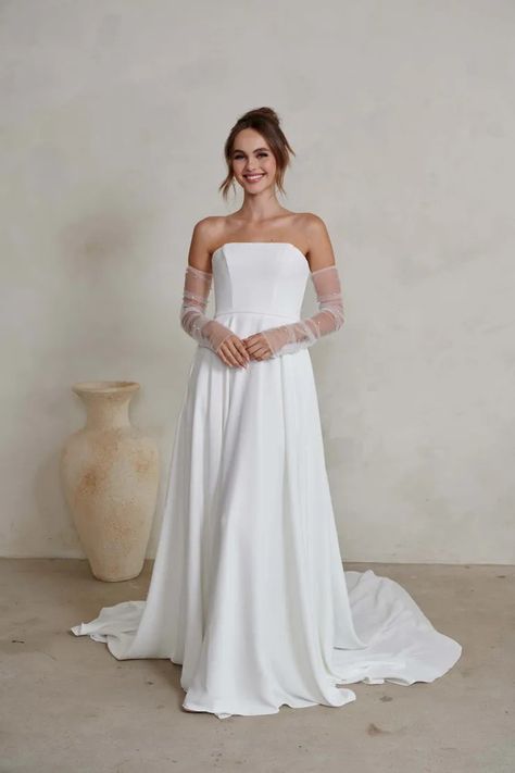 Serene - Dallas | Luv Bridal, San Diego Bridal Showroom, Madi Lane, Brides Room, Bridal Studio, Tulle Sleeves, Contemporary Wedding, Satin Wedding Dress, Summer Wedding Dress, Winter Wedding Dress