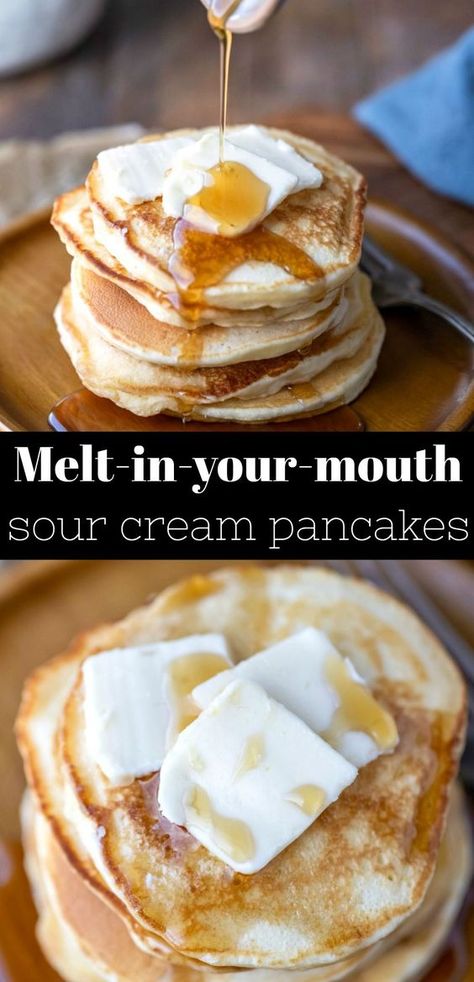 Sour Cream Pancakes, Cream Pancakes, Breakfast Sides Dishes, Homemade Pancake Recipe, Breakfast Appetizers, Sour Cream Recipes, Homemade Pancakes, What's For Breakfast, Breakfast Pancakes