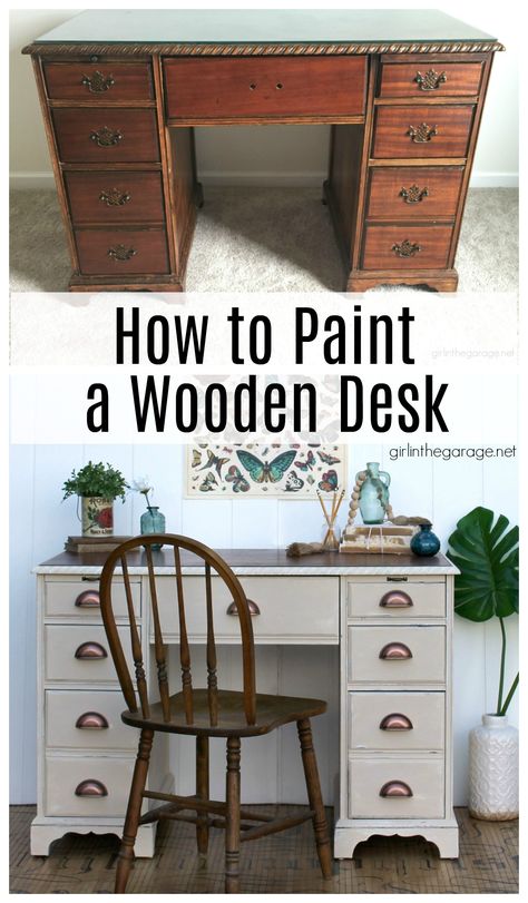 Transform a boring desk with Chalk Paint and new hardware. Learn how to Chalk Paint a wood desk. DIY painted furniture ideas by Girl in the Garage Diy Paint Desk Ideas, Redoing Desk Ideas, Diy Painted Desk Ideas, Refinish Wood Desk, Chalk Paint Desk Makeover, Redo Desk Ideas Diy Painted Furniture, Painting A Desk Ideas, Refinish Desk Ideas Diy, Upcycle Desk Ideas