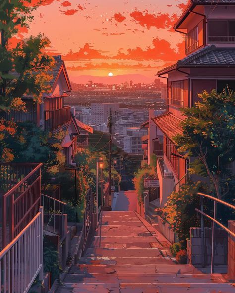 Japan Ghibli Aesthetic, Anime Illustration Aesthetic, Autumn Lofi Wallpaper, Digital Scenery Art, Studio Ghibli Square, Studio Ghibli Scenery Wallpaper, Studio Ghibli Sunset, Studio Ghibli Art Aesthetic, Beautiful Views Aesthetic