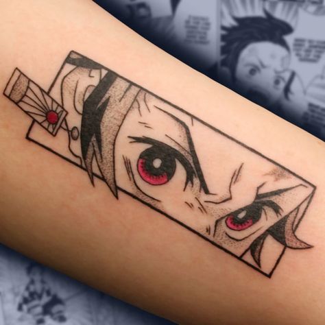 Cool Anime Tattoo Ideas Small, Tanjiro Tattoo Small, Tanjiro Eyes Tattoo, Cute Anime Tattoo Ideas, Demon Slayer Panel Tattoo, Men Anime Tattoo Ideas, Anime Tattoos For Men Ideas, Demon Slayer Eyes Tattoo, Best Anime Tattoos