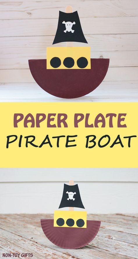 Rocking paper plate pirate boat craft for kids to make. Fun ship craft for preschoolers, kindergartners and older kids. | at Non-Toy Gifts Pirate Boat Craft, Paper Plate Pirate, Pirate Crafts Preschool, Boat Craft, Pirate Activities, Craft Preschool, Pirate Crafts, Boat Crafts, Transportation Crafts