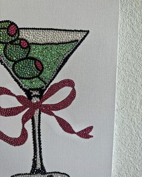 New Bow martini design🙌 now available on my website🧚‍♀️ . . . . . . . #explore #explorepage #art #fyp Bedazzled Painting, Pre Promo, Diy Bedazzled, Crystal Painting, Glitter Painting, Rhinestone Painting, Rhinestone Projects, Gem Art, Wooden Canvas