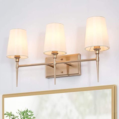 Bathroom Light Fixtures, 3-Light Gold Vanity Lights, Modern Bathroom Vanity Light Fixtures with White Fabric Shade, 23’’ L x 6.5’’ W x 12’’ H - - Amazon.com Mirror Sconces, Modern Bathroom Vanity Lighting, Gold Vanity, Modern Vanity Lighting, Vanity Light Bar, Light Fixtures Bathroom Vanity, Arched Mirror, Vanity Light Fixtures, Bathroom Vanity Light