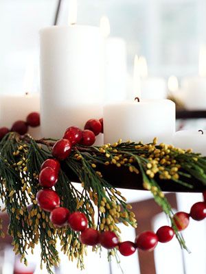 Wire-and-cranberry garlands. Click for more cranberry decorating ideas: http://www.midwestliving.com/food/fruits-veggies/cooking-decorating-with-cranberries/ Cranberry Garland, Cranberry Candles, Natural Holiday Decor, Cooking Decorating, Christmas D, Mantel Decorations, Outdoor Christmas Decorations, Outdoor Christmas, Winter Decor