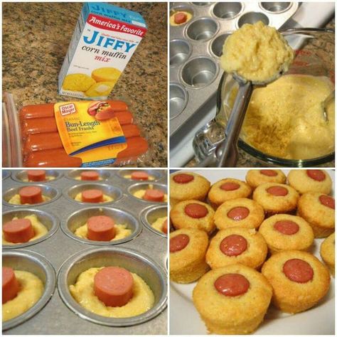 Mini Corn Dog Muffins-makes 16 1 package Jiffy Corn Muffin Mix 1 egg 1/3 cup milk 3-4 hot dogs (I used 3 bun length dogs) Nonstick cooking spray Preheat oven to 400 degrees Fahrenheit. Generously coat cups of mini muffin pan with nonstick cooking spray and set aside. Prepare corn muffin mix as instructed on box: whisk together egg and milk and stir in dry muffin mix until incorporated and still slightly lumpy. Allow to rest for 5 minutes. Cut hot dogs into 1-inch pieces. Using a #40 ice cream/co Jiffy Corn Muffins, Corn Dog Muffins, Mini Corn Dogs, Toast Pizza, Jiffy Corn Muffin Mix, Corn Muffin Mix, Corn Dog, Corn Muffins, Mini Muffin Pan