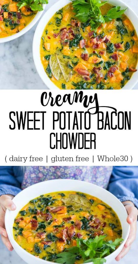 Creamy Sweet Potato Bacon Chowder: a cozy chowder loaded with sweet potatoes, kale, and bacon. It’s hearty, nutritious and so comforting! Dairy free. Gluten free. Paleo and Whole30. Sweet Potato Bacon, Bacon Chowder, Potato Bacon, Paleo Soup, Resep Salad, Dairy Free Gluten Free, Roast Potatoes, Aip Recipes, Potato Cakes