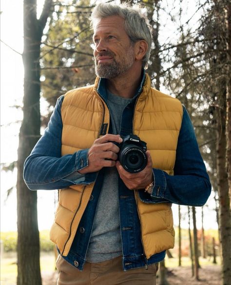 Glenn Danlos, Yellow Vest Outfit, Silver Fox Men, Adventurous Men, Minimalist Fashion Men, Yellow Vest, Shiny Jacket, Vest Outfit, Trendy Mens Fashion