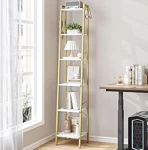 Hzuaneri Ladder Shelf, Bookshelf Bookcase, Freestanding Corner Storage Shelve with 2 Hooks for Home Office, Living Room, Kitchen, Bedroom, Industrial, 6-Tier White Gold BC13313G Narrow Shelf, Industrial Bookcase, Organize Books, Narrow Bookshelf, Shelf Industrial, Industrial Bookcases, Narrow Shelves, Home Office Living Room, Corner Storage