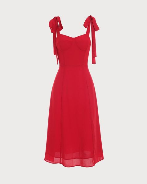 Tie Strap Midi Dress, Cute Red Dresses, Red Summer Dresses, Red Tie, Dress Inspo, Red Midi Dress, Dress With Tie, Red Outfit, Knee Length Dresses