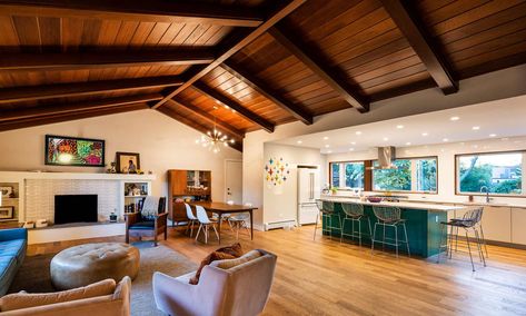 Mcm Wood Ceiling, Mid Century Vaulted Ceiling, Mcm Kitchen Island, 1970s Ranch House Remodel, Vaulted Wood Ceiling, Mcm Ranch, Mcm Ceiling, Ranch Addition, Woodland Cabinetry