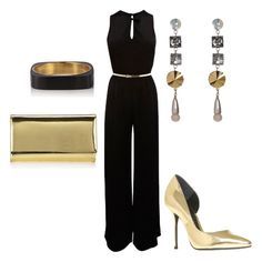 Black And Gold Outfit, Women's Jumpsuit, Gold Stilettos, Party Outfits Night, Club Outfits For Women, Gold Outfit, Club Outfit, Gold Clutch, Outfit Black