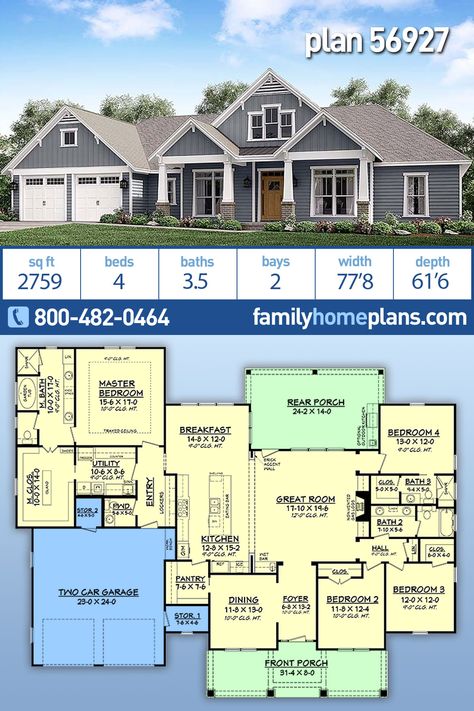 Country, Craftsman, Traditional Style House Plan 56927 with 2759 Sq Ft, 4 Bed, 4 Bath, 2 Car Garage Texas Ranch Style Homes House Plans, 1 Story 4 Bedroom House Plans, 2500 Sq Ft House Plans 4 Bedroom, 3000 Sq Ft House Plans One Story, 2800 Sq Ft House Plans, House Plans With Butlers Pantry, 2700 Sq Ft House Plans, Traditional Ranch House Plans, Traditional Farmhouse Plans