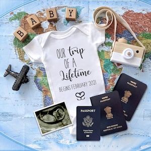 Trip of a Lifetime Digital Pregnancy Announcement Travel | Etsy Adventure Theme Gender Reveal, Travel Announcement Ideas, Travel Gender Reveal Ideas, Honeymoon Baby Announcement, Travel Theme Gender Reveal Ideas, Airplane Baby Announcement, Vacation Baby Announcement, Cruise Pregnancy Announcement, Vacation Pregnancy Announcement