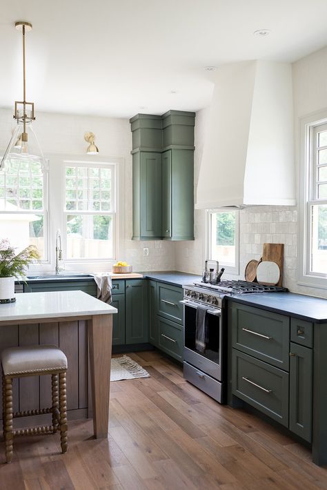 FALL CREEK HISTORIC RENOVATION — aaNovo Countertop Kitchen Ideas, Black Countertop, Soapstone Countertops, Historic Renovation, Fall Creek, Black Countertops, Glazed Ceramic Tile, Dream Kitchens, Green Cabinets