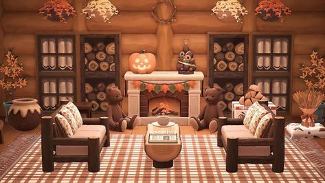 Home With A Fireplace Acnh, Acnh Fall Room Ideas, Acnh Autumn Interior, Animal Crossing Fireplace, Autumn Themed Living Room, Acnh Fall Interior, Acnh Fall Living Room, Acnh Autumn House, Acnh Fall House