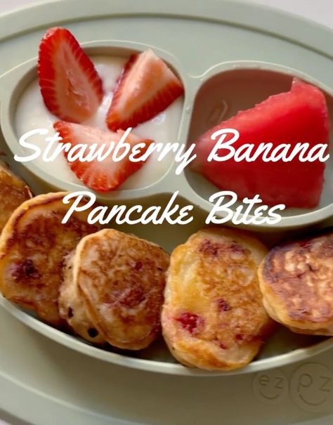 Strawberry Blw Recipe, Strawberry Pancakes For Baby, Strawberry Banana Pancakes For Baby, 9 Month Baby Led Weaning Meals, Toddler Pancake Recipe, Toddler Pancakes, Banana Pancake Bites, Easy Breakfast Ideas For Kids, Banana Pancakes For Baby