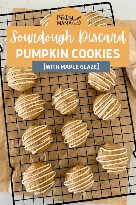 These delicious sourdough discard pumpkin spice cookies piped with a maple glaze have a soft texture and gentle hint of fall spices. Pumpkin Sourdough Cookies, Sourdough Discard Pumpkin Cookies, Sourdough Pumpkin Cookies, Sourdough Discard Pumpkin, Sourdough Desserts, Pantry Mama, Sourdough Cookies, Baked Items, Soft Cookies