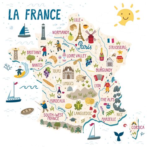 Go to France - Carolyn Boyd - France Travel Expert #france #francetravel #francearticles #frenchholidays #francevacation France Travel Map, France Travel Journal, France Map Aesthetic, France Map Illustration, France Journal, France Illustration, Creative School Project Ideas, Travel Art Journal, French Language Lessons