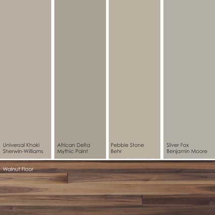 Color palette - Cool khakis by Jennifer Ott :: From left to right: Universal Khaki SW6150, from Sherwin-Williams; African Delta 159-4, from Mythic Paint; Pebble Stone 750D-4, from Behr; and Silver Fox 2108-50, from Benjamin Moore. Gray Paint, Interior Painting, Interior Paint Colors, Selling Your House, Shades Of Gray, Bedroom Paint, Paint Colors For Home, Painting Bathroom, Wall Color