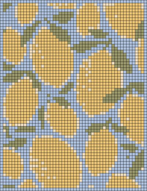 Alpha pattern #156615 variation #317239 | BraceletBook Citrus Cross Stitch, Lemon Tapestry Crochet, Lemon Knitting Pattern, Lemon Alpha Pattern, Beginner Alpha Pattern, Knit Alpha Pattern, Knitting Grid Patterns, Grandma Crafts, Pixel Crochet