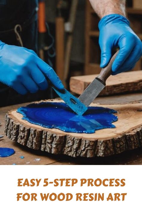 Person spreading blue resin on a wood slice with a scraper tool. Resin In Wood Cracks, Epoxy Resin Art For Beginners, Resin In Wood, Wood Art Panels, How To Make Resin, Acrylic Pouring Techniques, Cool Woodworking Projects, Epoxy Resin Art, Wood Resin