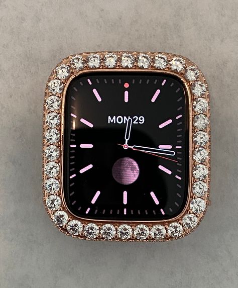 Fits the Apple Watch available for sizes 38mm 40mm 41mm 42mm 44mm 45mm Series 2-9 SE.   Men's & Women's. Apple Watch Case.  This is a Rose Gold Apple Watch Cover Custom 14k rose gold Plated Metal Bezel with Large 3.5mm lab diamonds around the face and micro pave lab diamonds on the sides.  Huge Sparkle and Bling.  Photos just don't do this apple watch cover  justice...mega sparkle.  Two bars on the back hold the apple watch case in place with access to all buttons, no screen protector. Listing i Rose Gold Apple Watch, Gold Apple Watch, Gold Apple, Ceramic Watch, Iwatch Apple, Apple Watch Case, Apple Watch Accessories, Rose Gold Case, Bezel Diamond