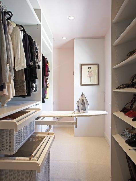 I love this ironing board in the closet, SUCH a timesaver. Once I'm rich enough to have a fabulous walk-in closet, I'll keep that in mind. Contemporary Closet, Walking Closet, White Closet, Walk In Closet Design, Dream Closets, Clothes And Shoes, Walk In Wardrobe, Room Closet, Ironing Board