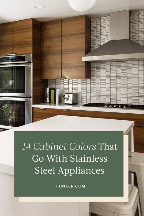 Cabinet Colors With Stainless Appliances, What Color Cabinets Go With Stainless Steel Appliances, Silver Appliances Kitchen Cabinet Colors, Stainless Steel Color Palette, Kitchen Paint Colors With Stainless Steel Appliances, Stainless Steel Appliances Kitchen, Warm Kitchen Colors, Kitchen Cabinet Color Schemes, Walnut Kitchen Cabinets