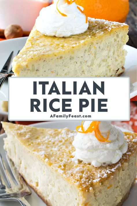 Easter Ricotta Pie Italian, Rice Pie Recipe Easter, Italian Rice Cake, Grain Pie Italian, Italian Baked Rice Recipes, Italian Rice Pie Easter, Italian Pie Recipes, Italian Rice Pudding, Italian Sweet Ricotta Easter Pie