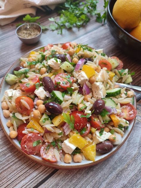 Greek Orzo Pasta Salad with Feta Cheese Orzo Greek Salad, Orzo Feta Salad, Pasta Salad With Feta Cheese, Orzo Salads, Mediterranean Orzo Pasta Salad, Pasta Salad With Feta, Greek Orzo Pasta Salad, Greek Orzo Pasta, Salad With Feta Cheese