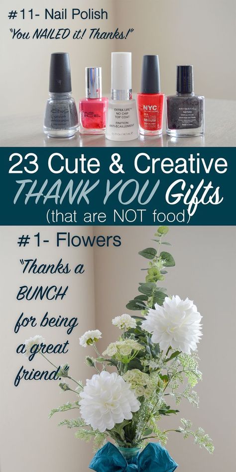 List of 23 cute and creative non-food ways to say thank you. Thank you gift and card ideas that are not food like flowers, candle, necktie, etc. Like this punny flower gift with "Thanks a bunch for being a great friend." Great thank you ideas for a teacher, coworker, neighbor, husband, wife, family member, or anyone who needs a nice thank you gift. Creative Thank You Gifts, Thank You Gifts For Friends, Card Ideas For Friends, Birthday Card Ideas For Friends, Diy Lighthouse, Top Craft, Ladies Brunch, Small Thank You Gift, Birthday Card Ideas