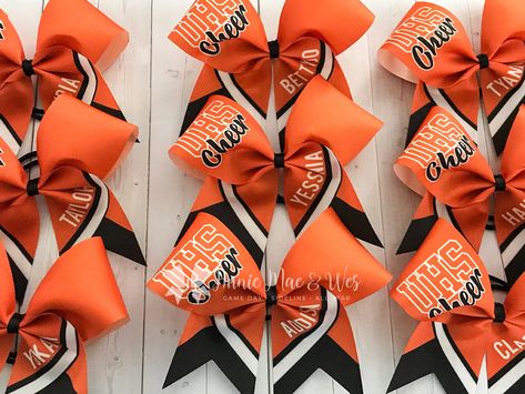 "Size: 1 Large 7\" x 7\" cheer bow made from 3 inch grosgrain ribbon. Colors: Due to listing restrictions, the main bow color is the primary color, the black in the photo is the secondary color. If you would like the second accent color to be something other than white, please message me before your order. The default color is white. Color matches are not guaranteed based on my photos or yours as monitor settings, photo lighting and other conditions may distort the perception of digital color. P Senior Cheer Bows, Cheer Season, Competition Bows, Softball Bow, Team Cheer, Cheer Gear, Softball Bows, Cheerleading Bows, Fabric Stiffener