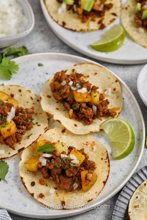 This easy four ingredient chorizo tacos recipe is the perfect solution to quick and delicious weeknight meals! Spicy chorizo sausages are fried with diced potatoes and onion, then served on warm tortillas with your favorite toppings. Add egg and turn them into a breakfast. Or bulk them up with beans, chicken, or ground beef! #chorizotacos #chorizotaco #spendwithpennies #chorizotacorecipe Chorizo Tacos Recipes, Soy Chorizo Tacos, Chorizo And Potatoes Tacos, Chorizo And Eggs Tacos, Chorizo And Sweet Potato, Chorizo And Potatoes, Homemade Chorizo, Chorizo Tacos, Brats Recipes